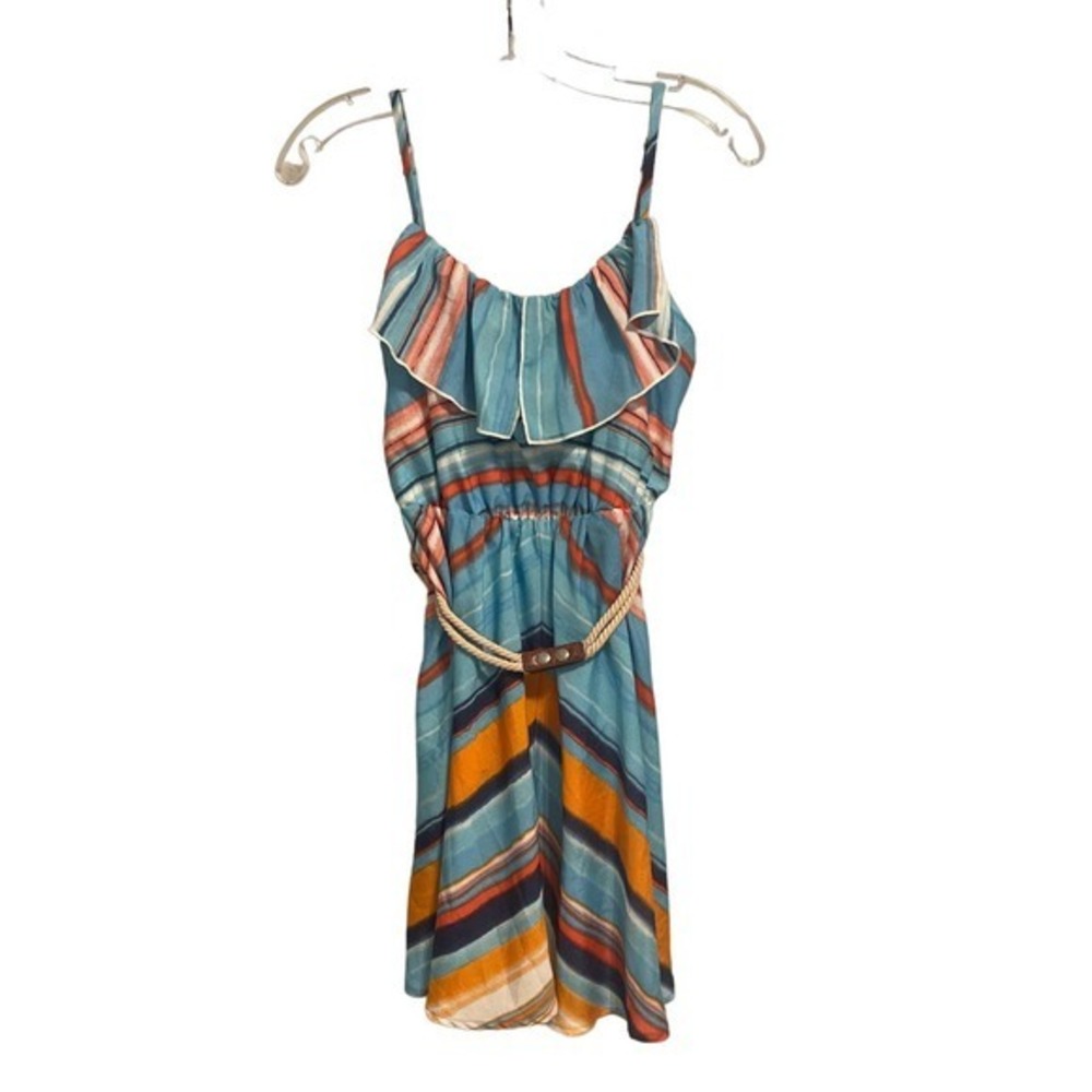 Sequin Hearts Blue‎ Orange Striped Ruffle Dress with Rope Belt Small 5245AC1D